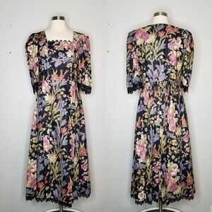 Rose Dirndl Oktoberfest Cottagecore Floral Maxi Dress Cotton Lace Trim Size 40